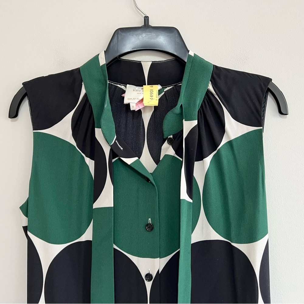 Kate Spade Willa Silk Sleeveless Tie Neck Dot Dress in Green and Black, size 0 - Picture 12 of 12